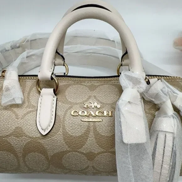 COACH LACEY Top Handle Crossbody Bag Signature Canvas Chalk Khaki Tassel CK689